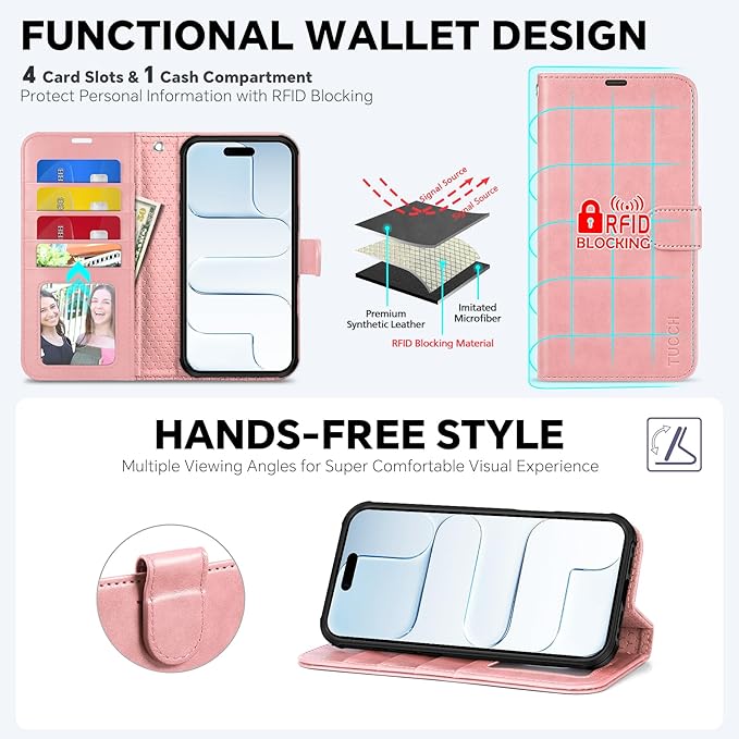 TUCCH 2-in-1 Detachable Wallet Case for iPhone Air (6.5-inch) 2025, RFID Blocking 4 Card Slots, Wireless Charging, Wrist Strap, Kickstand, Magnetic, PU Leather, Protective Flip Cover, Rose Gold