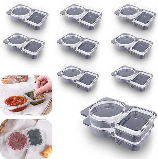 VOUKEN 10Pcs Double Compartment Condiment Container with Lid Double Compartment Snack Containers Double Compartment Snack Containers for to-go Sauce, Sampling, Travel Snack (Transparent 10PCS)