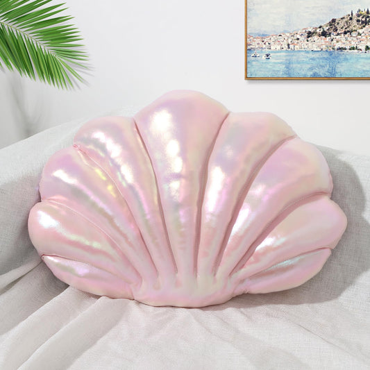 Marble Empire Seashell Pillow - Holographic Iridescent Foil Fabric Throw Pillow for Couch, Coastal Beach Theme Decor, Ocean Themed Bedroom Living Room Accent Pillow（Pink,14×11''）