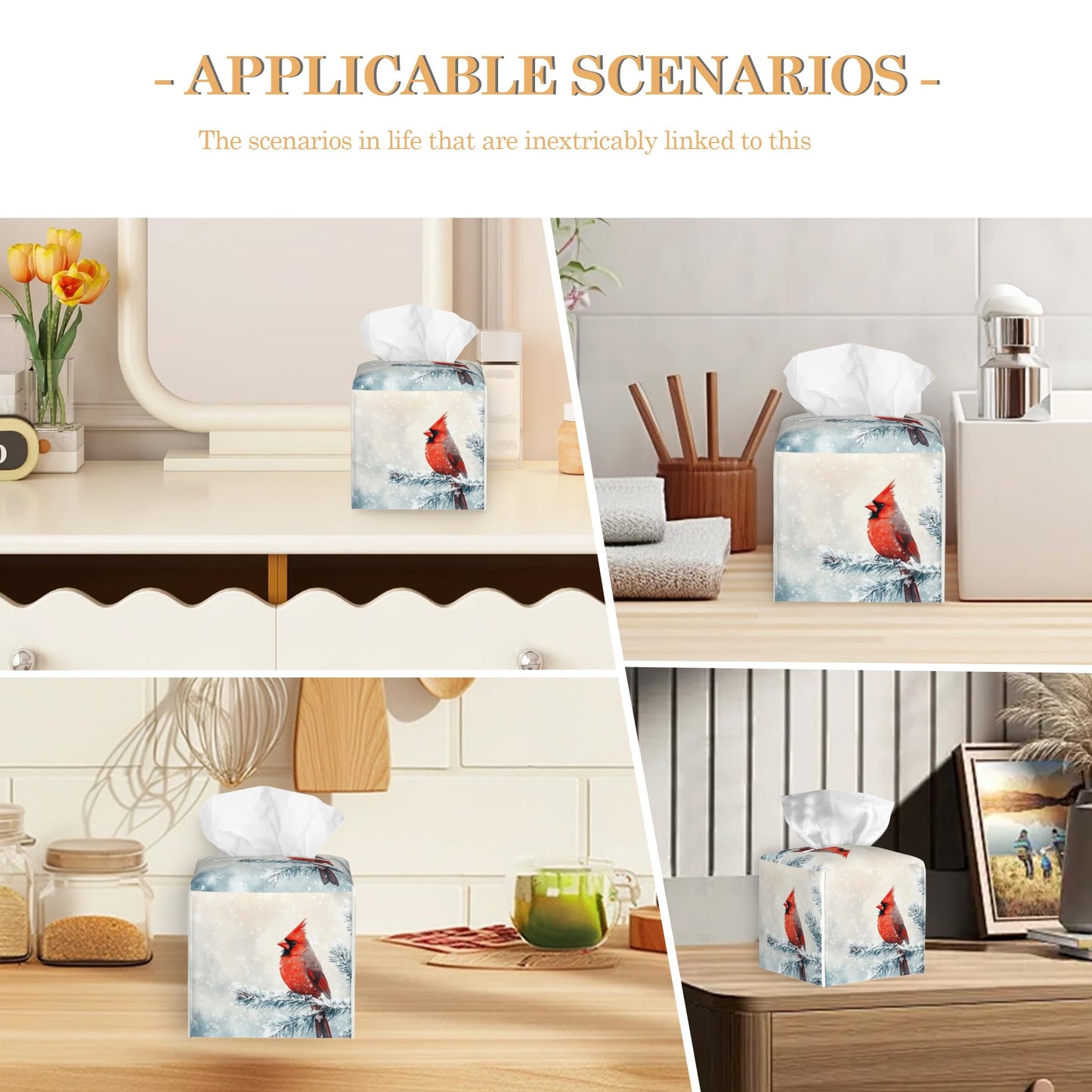 Leather Tissue Box Holder Winter Cardinal Bird Tissue Box Cover Square Waterproof Holder Organizer Modern Napkin Holder for Bedroom Dresser Night Stand Office Desk