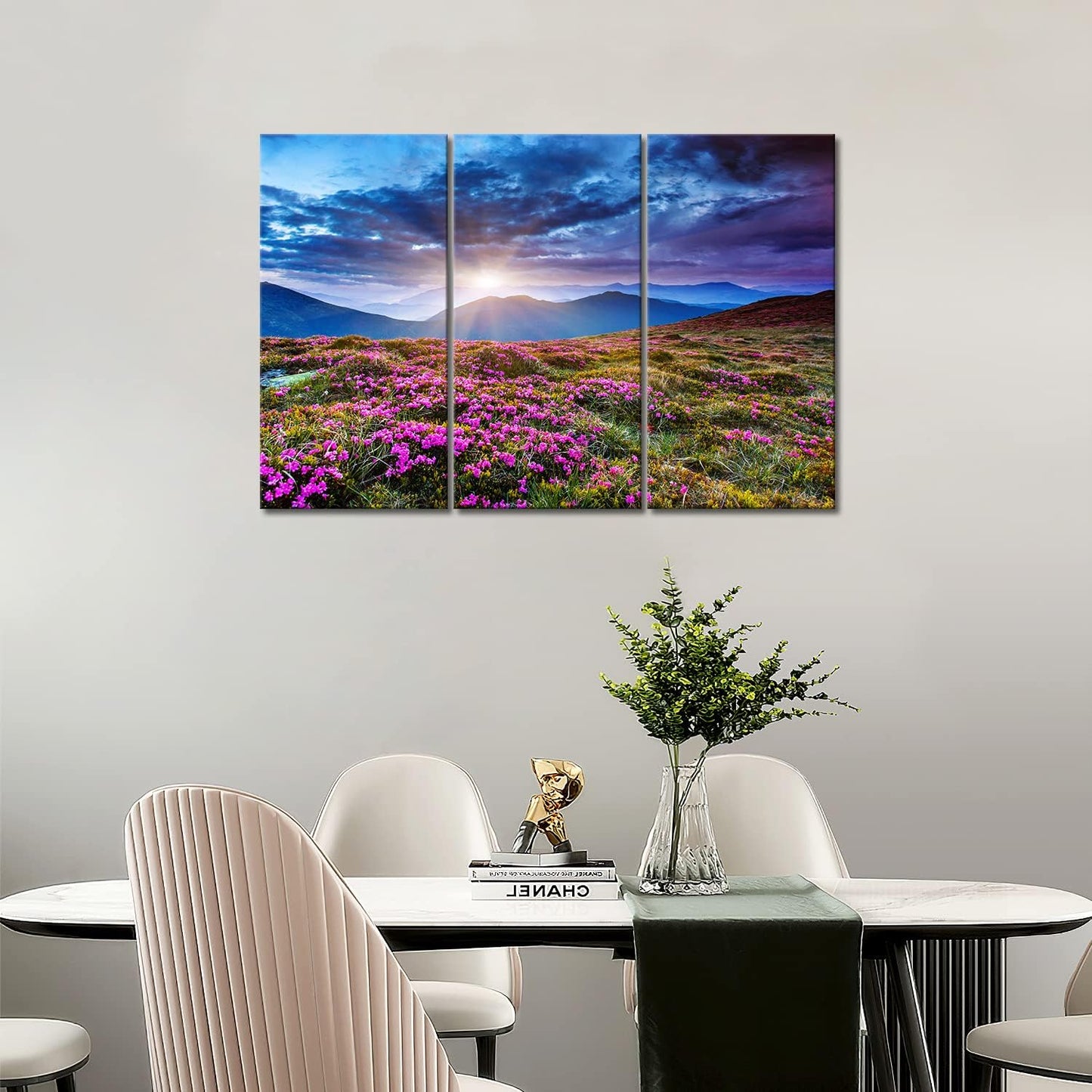 3 Panel Wall Art Mountain Landscape Spring Canvas Sunrise Blue Skyline Purple Flowers Picture Print On Canvas Art for Living Room Kitchen Home Decor
