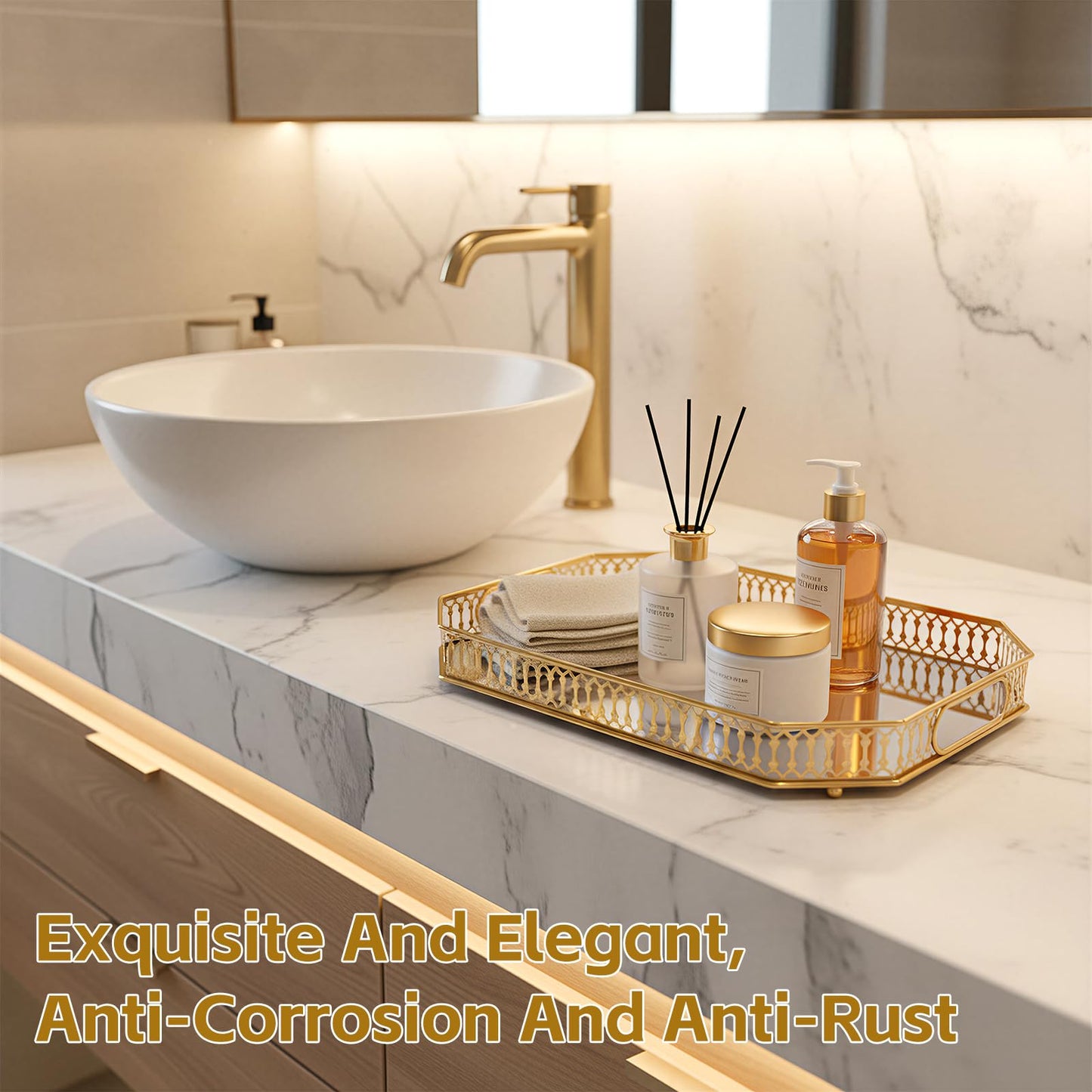 xiaojuande Durable Decorative Organizer for Dresser, Bedroom, Bathroom Countertops - Spacious with Handle in Your Desk Space Scratch-Resistant - Gold(Large)