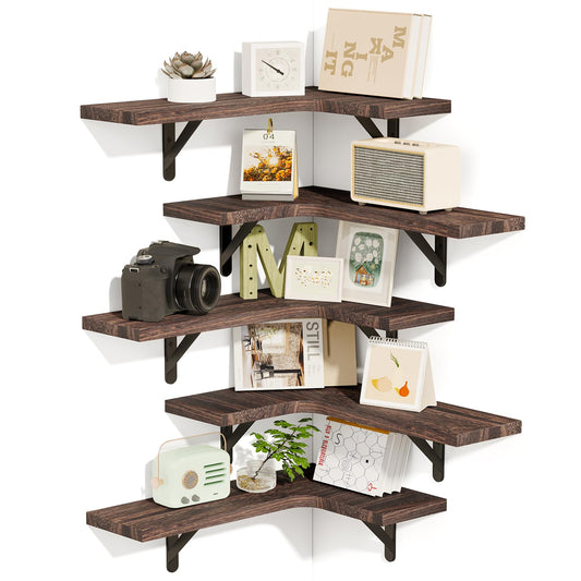 Fixwal Floating Shelves for Wall Set of 5, Rustic Wood Wall Mounted Corner Shelf for Bathroom, Kitchen, Bedroom, Home Decor, Laundry Room, Living Room (Walnut Brown)