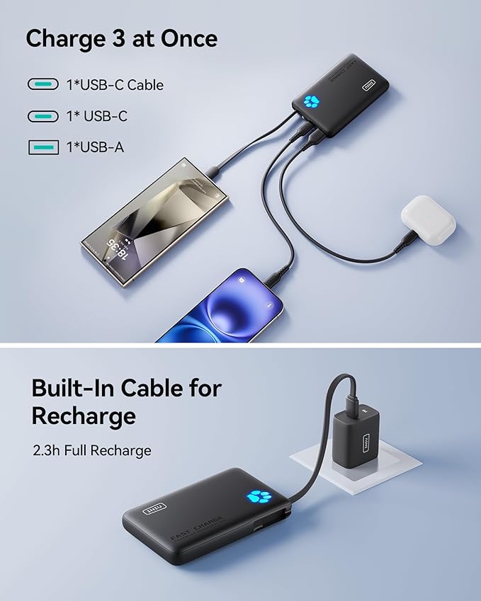 INIU Portable Charger, Slim 45W 10000mAh Power Bank with Build in USB-C Cable for Travel, Fast Charging USB C in&Out Battery Pack, External Phone Charger for iPhone 17 16 15 Samsung S25 S24 Google etc