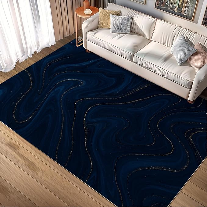 Luxury Marble Rug - 3x4 Rug, Navy Blue Marble Outdoor Rugs, Modern Abstract Entryway Rugs, Washable & Non Slip Carpet Home Decor
