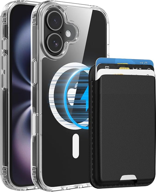 Ntwinro Magnetic for iPhone 16 Clear Case (Compatible with MagSafe) with Black Detachable Wallet & Card Holder for 3 Cards [RFID Blocking] Military Grade Protective Slim Phone Cover
