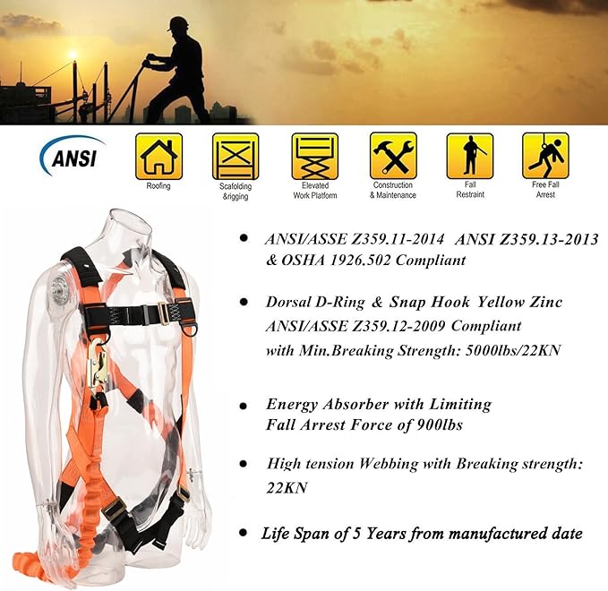 WELKFORDER 2-PACK 1D-Ring Industrial Fall Protection Safety Harness with 6-Foot Shock Absorber Stretchable Lanyard | Permanent attached Kit | ANSI Compliant Personal Fall Arrest System(PFAS)