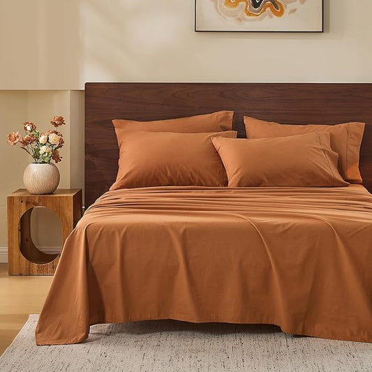 MEISHANG 100% French Pure Linen Sheets Queen Size - Bed Sheets 4 Piece Sets, Soft Durable Flax Linen, Anti-Tear Breathable Oeko-Tex Certified with 16" Deep Pocket (Brown)
