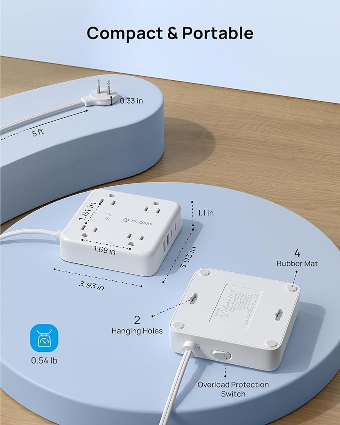 TROND 2 Prong Power Strip 5ft, 2 Prong to 3 Prong Extension Cord, Polarized Flat Plug, 4 AC 4 USB, Wall Mountable Surge Protector Outlet for Non-Ground Socket in Old House School Office, White