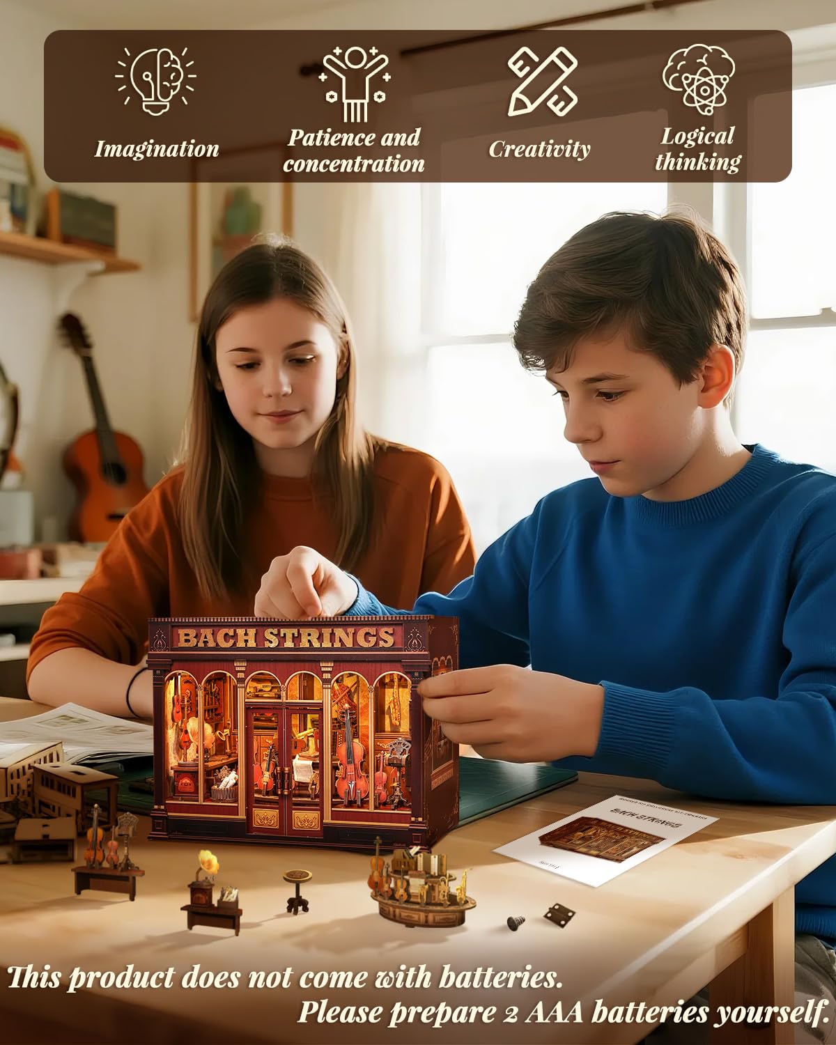 Book Nook Kit for Adults, DIY Miniature Dollhouse Kit，3D Wooden Puzzle Booknook with LED Lights, Decorative Bookends Desktop Bookshelf Home Decor, Craft Gifts for Family and Friends (Bach Strings)