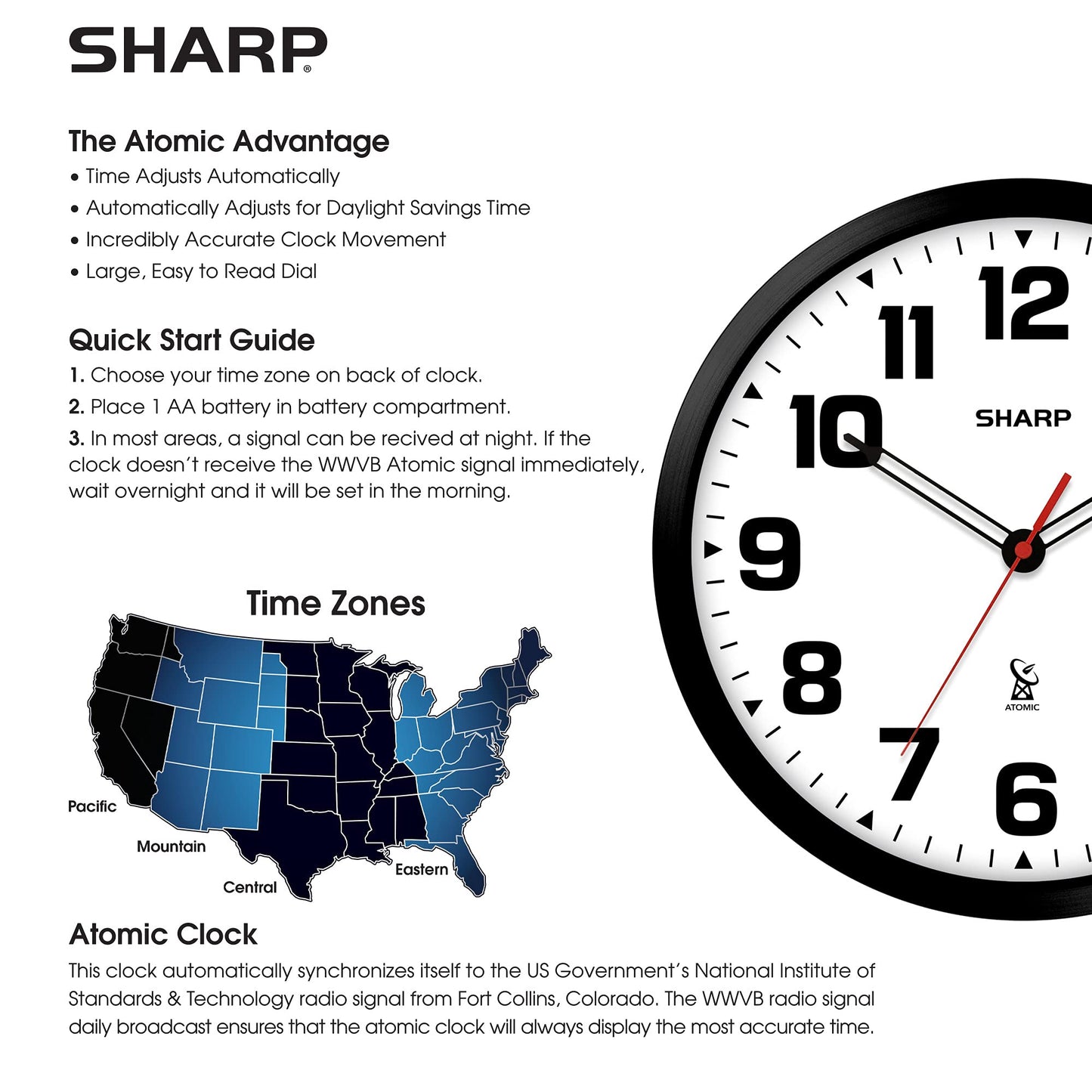 Sharp Atomic Analog Wall Clock - 12" Black Stylish Frame - Sets Automatically- Battery Operated - Easy to Read - Easy to Use – Modern Design and Style