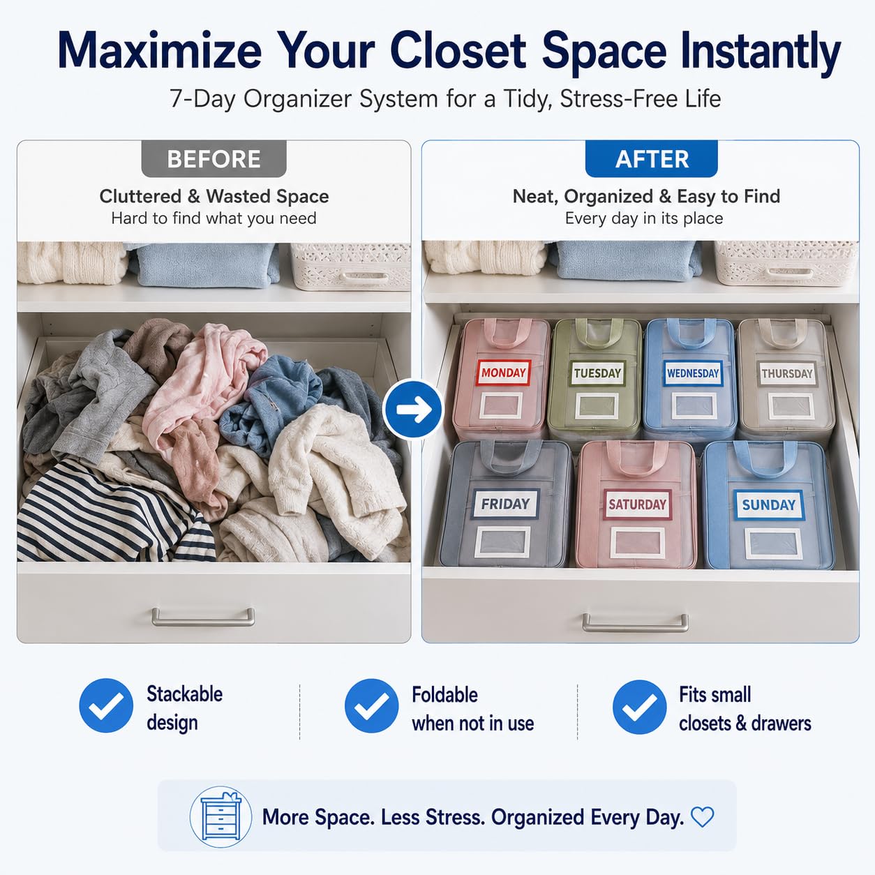 7 Pack Closet Organizer Storage Bags with Day Labels, Weekly Clothing Organization System for Closet & Drawer, Foldable Fabric Storage Cubes for Clothes, Socks, Underwear & Accessories