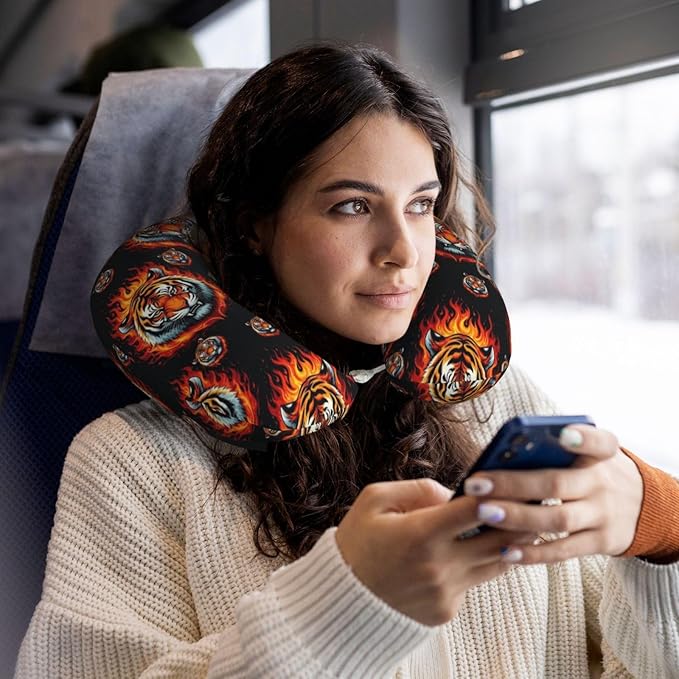 Travel Neck Pillows for Sleeping Rest Car Airplanes Wild and Angry Tiger Fire Flame King Roar Art, Memory Foam with Removable Breathable Zipper Cover Washable for Men Women