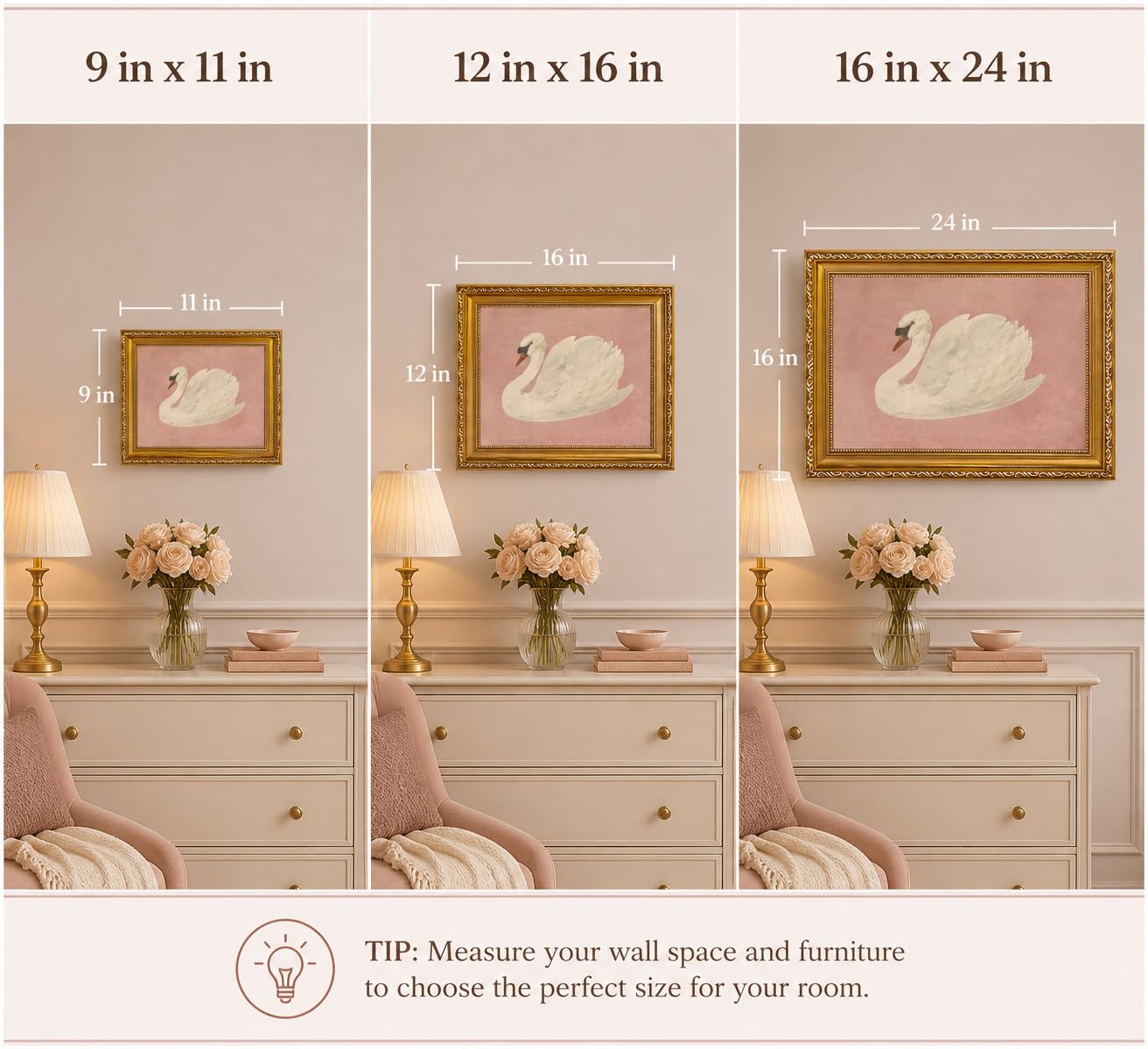 FKRYTYB Vintage Gold Framed Classical Pink Swan Canvas Wall Art, 11x9in