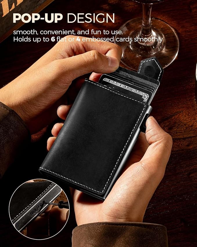 LORZOR Slim Wallet for Men with Security Latch, Pop Up Metal Card Holder Wallet, Finest Full Grain Leather Bifold Wallets, Smart, Minimalist, RFID Blocking, Front Pocket, ID Window