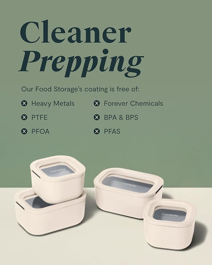 Caraway 2pc Glass Food Storage Set - 1.75 Cup Food Containers (2) - Non-Toxic Ceramic-Coated Glass - Air Release Technology - Compact & Stackable Design - Sage
