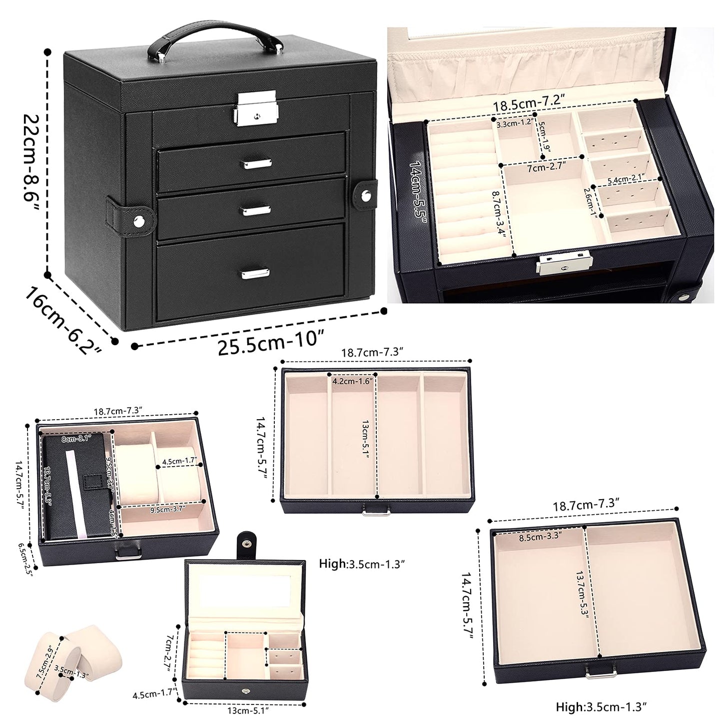TORIBIO Huge Jewelry Box Leather Jewelry Organizer/Case for Women Girls Ring Necklace Earring Bracelet Holder Black