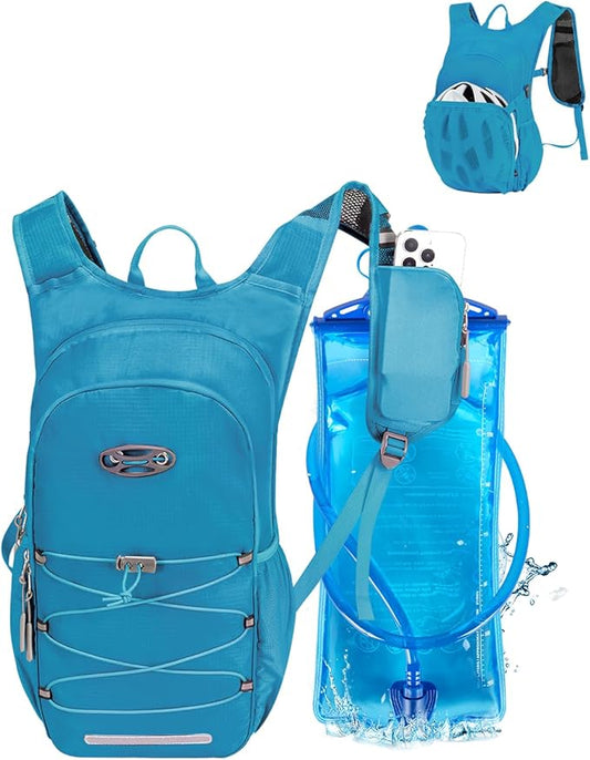 Hydration Backpack with 2L Water Bladder, Hiking Water Backpack for Men Women with Phone Pocket and Helmet Holder
