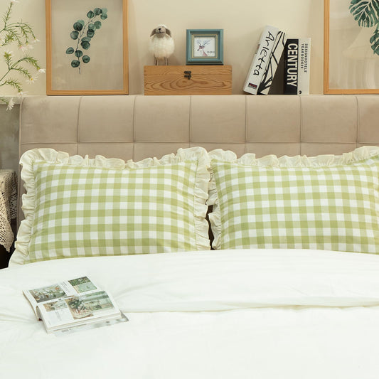 GLORY SEASON Pillow Shams Set of 2 Yarn-Dyed Pure Cotton Retro Ruffle Flounces Trim Green Check Decorative Pillow Cases for Home Bedroom Decor Standard 20x26 Inch