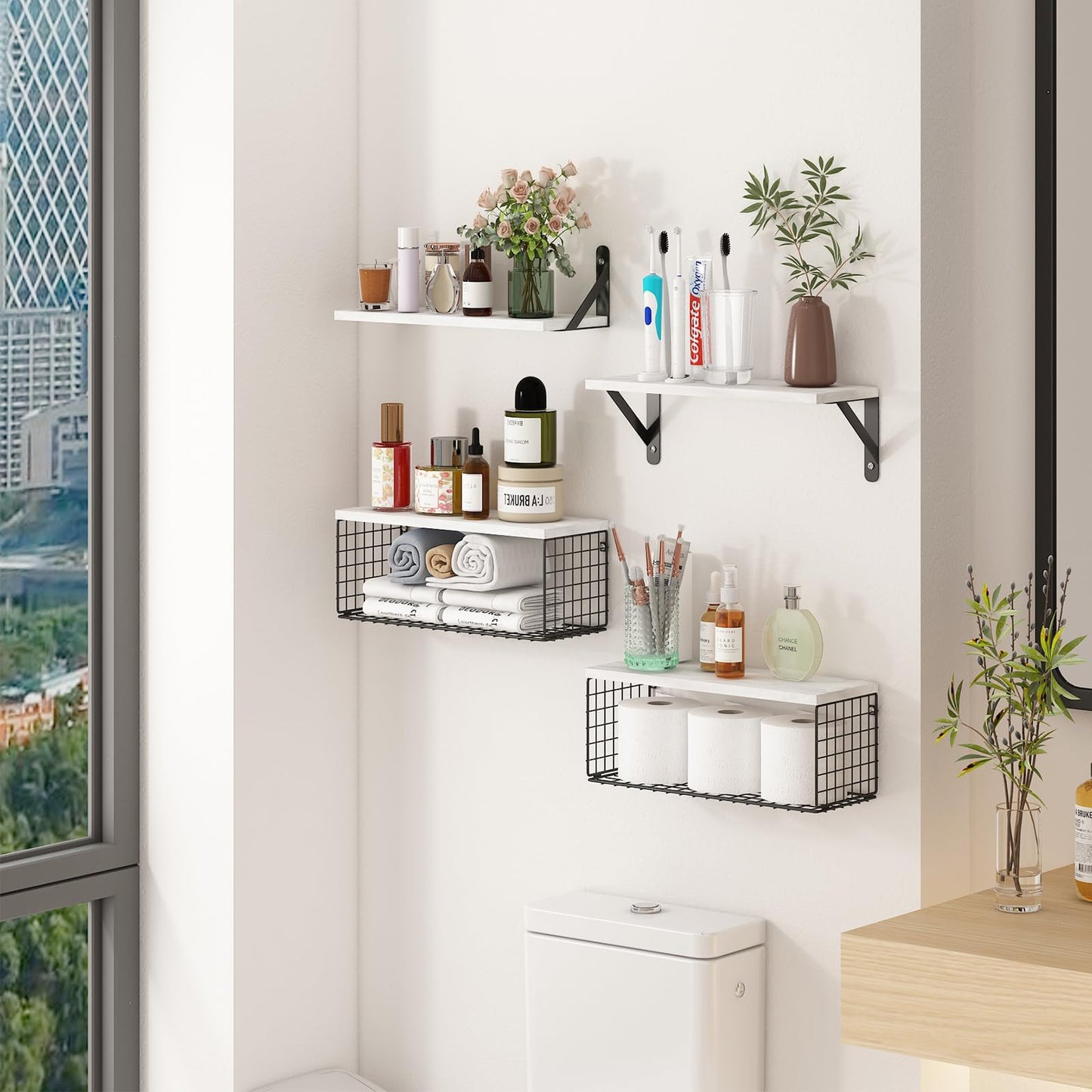 Aiyome Wall Floating Shelves, Wall Mounted Shelf Set of 4, with Metal Baskets, Rustic Décor Style, Shelf for Bathroom, Kitchen, Bedroom, Storage, Living Room - (White)