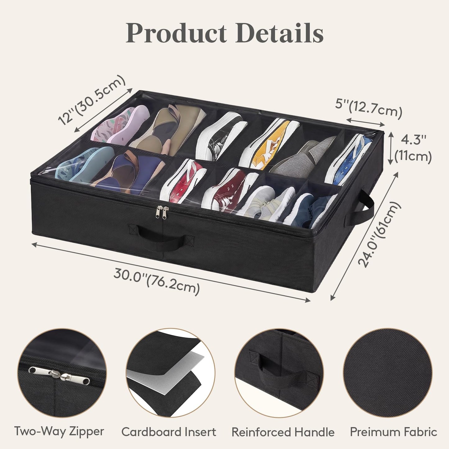 Lifewit Under Bed Shoe Storage Organizer 2 Pack(14 Shoes Cells), 4.3 Inches Profile Fabric Shoes Container Box with Clear Cover, Foldable Storage Bag with 2 Handles, Fits 14 to 28 Pairs