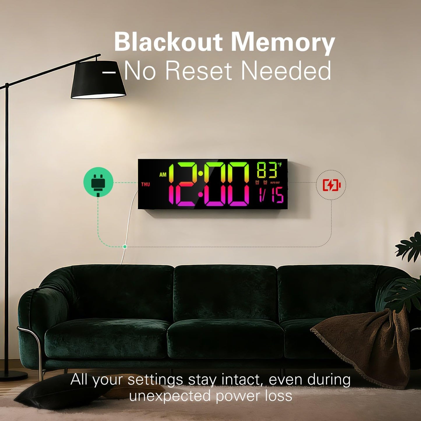 JALL 16" Large Digital Wall Mount Clock, Count Down Timer, Alarm, Big LED, RGB Color, DST, Temperature for Living Room Classroom Desk, Xmas, Birthday Gift for Senior Mom Dad (Black, 16 inches)