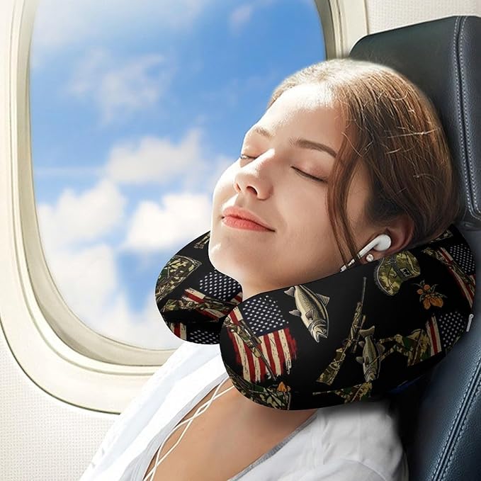 Memory Foam Travel Pillow Fall Hunting Deer Bass Fishing Lure Camo Camouflage American Flag Black, Breathable Chin Head Support, Washable Zip Cover for Airplane Car Office Pain Relief