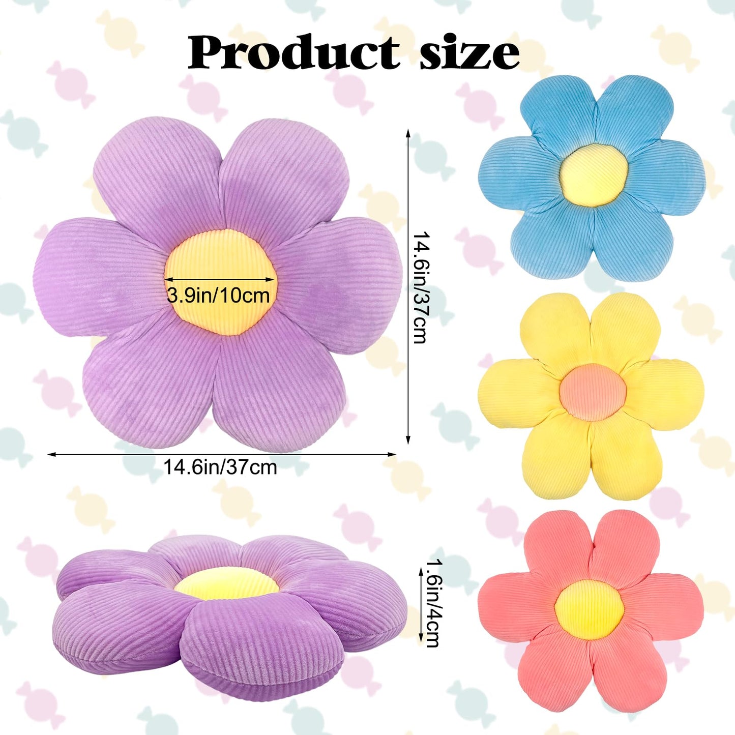 CIEOVO 4 Pcs Plush Throw Pillows, 16 Inch Cute Daisy Shaped Floor Cushions, Aesthetic Seat Cushions for Home, Kids Seating, Bedroom Sofa Decor