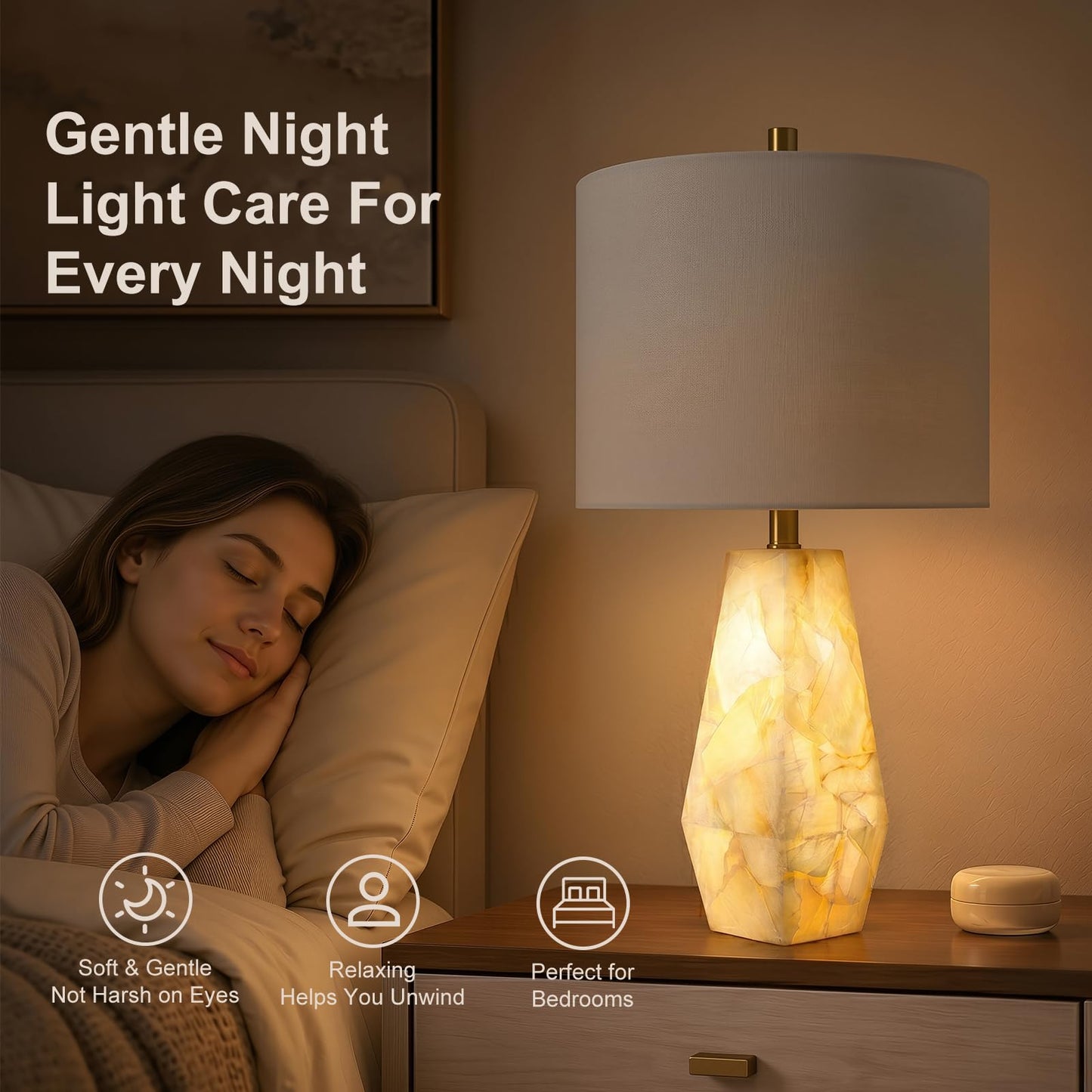 Scenekoy 23" Alabaster Table Lamps Set of 2, Modern Desk lamp with Night Light for Living Room, Rotary Switch, Bedside Lamp with Linen Shade for Bedroom Living Room Office (Bulb Included)