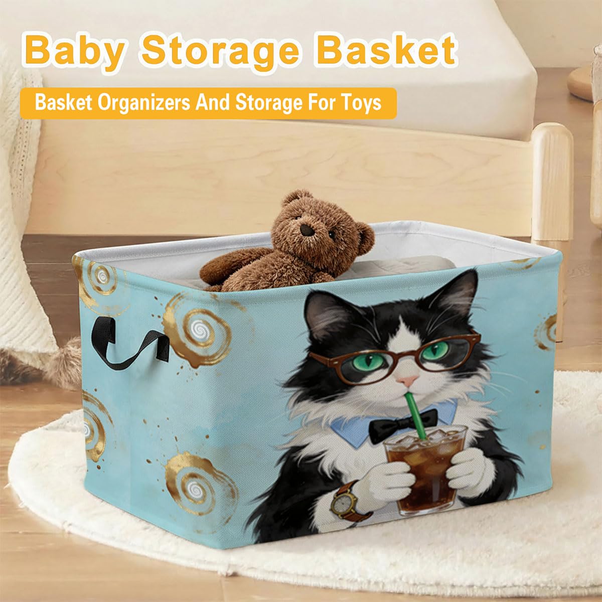56L Cat Coffee Foldable Square Laundry Hamper with Handles – Large Clothes, Blanket & Toy Storage Basket for Home Organization.