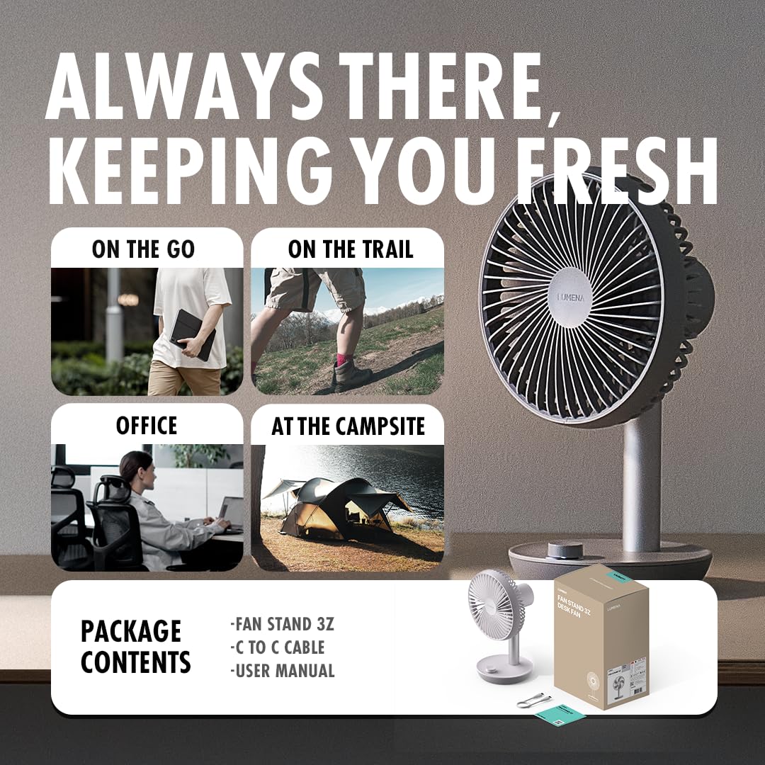 LUMENA Fan Stand 3Z - Portable Oscillating Desk Fan | 4-Speed Rechargeable 4000mAh Battery, Auto Swing, Timer, Sleek Matte Design for Home or Office (Dark Gray)