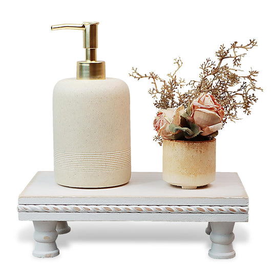 SAOCAIHUL Wood Tray Pedestal Stand, Waterproof Bathroom Counter Organizer, Modern Farmhouse Riser for Soap/Candle/Sponge White Middle