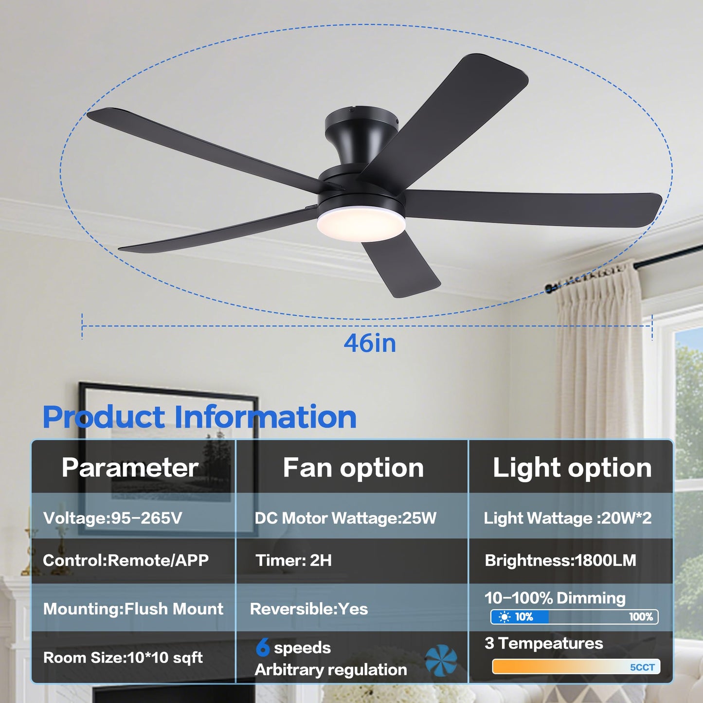 Ayaoty 46" Ceiling Fans with Lights and Remote - Black Flush Mount Ceiling Fan Light with ABS Blades and 3CCT Dimmable, Reversible, Low Profile Fan Light for Indoor Modern Bedroom, Kitchen