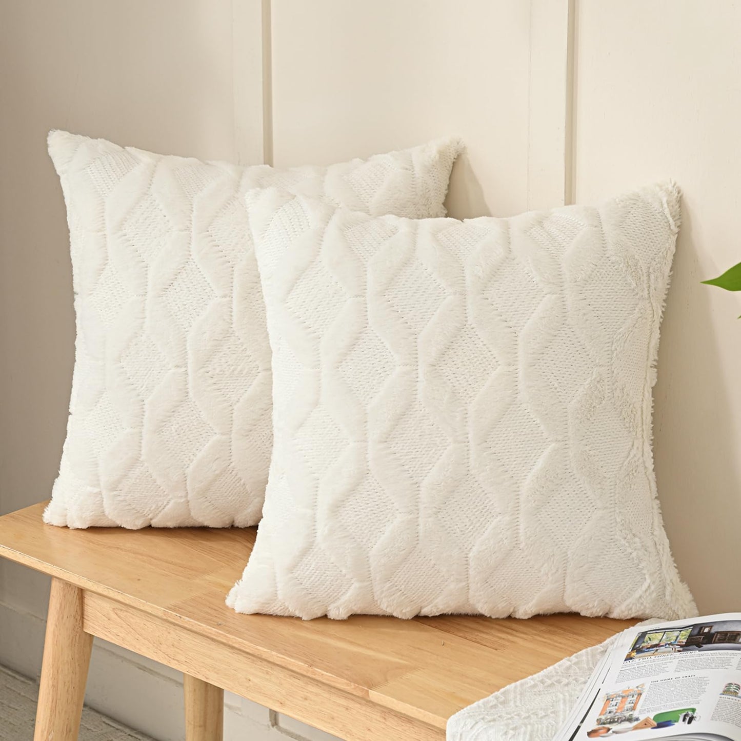 Volcanics Pack of 2 Faux Wool Throw Pillow Covers 20x20 Inches Decorative Farmhouse Velvet Couch Pillow Case Soft Plush Square Boho Cushion Pillowcase, Cream Beige