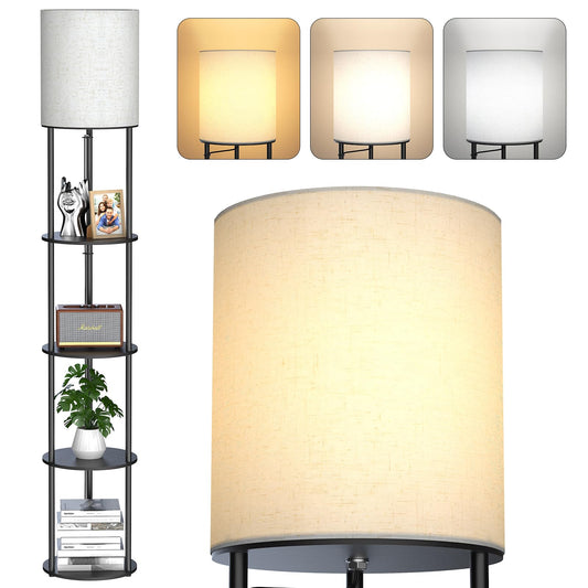 ICNOW 5-Tier Floor Lamp with Shelves, Standing Bookshelf Lamp, 3-Color LED, Corner Display Shelf Floor Lamp, Living Room Decor, Bedroom Decor, Nightstand, Office, Black (63'' H)