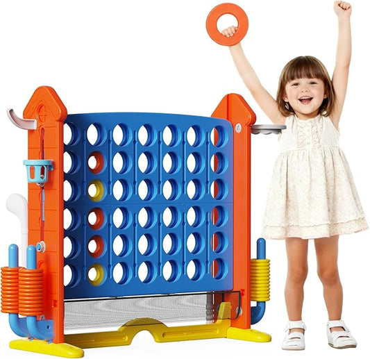 Giant Connect Game - Jumbo 4-to-Score Giant Set with 42 Jumbo Rings,Row Board Game 4 - Connect with Basketball Hoop, Perfect for Kids, Family and Party Floor Games