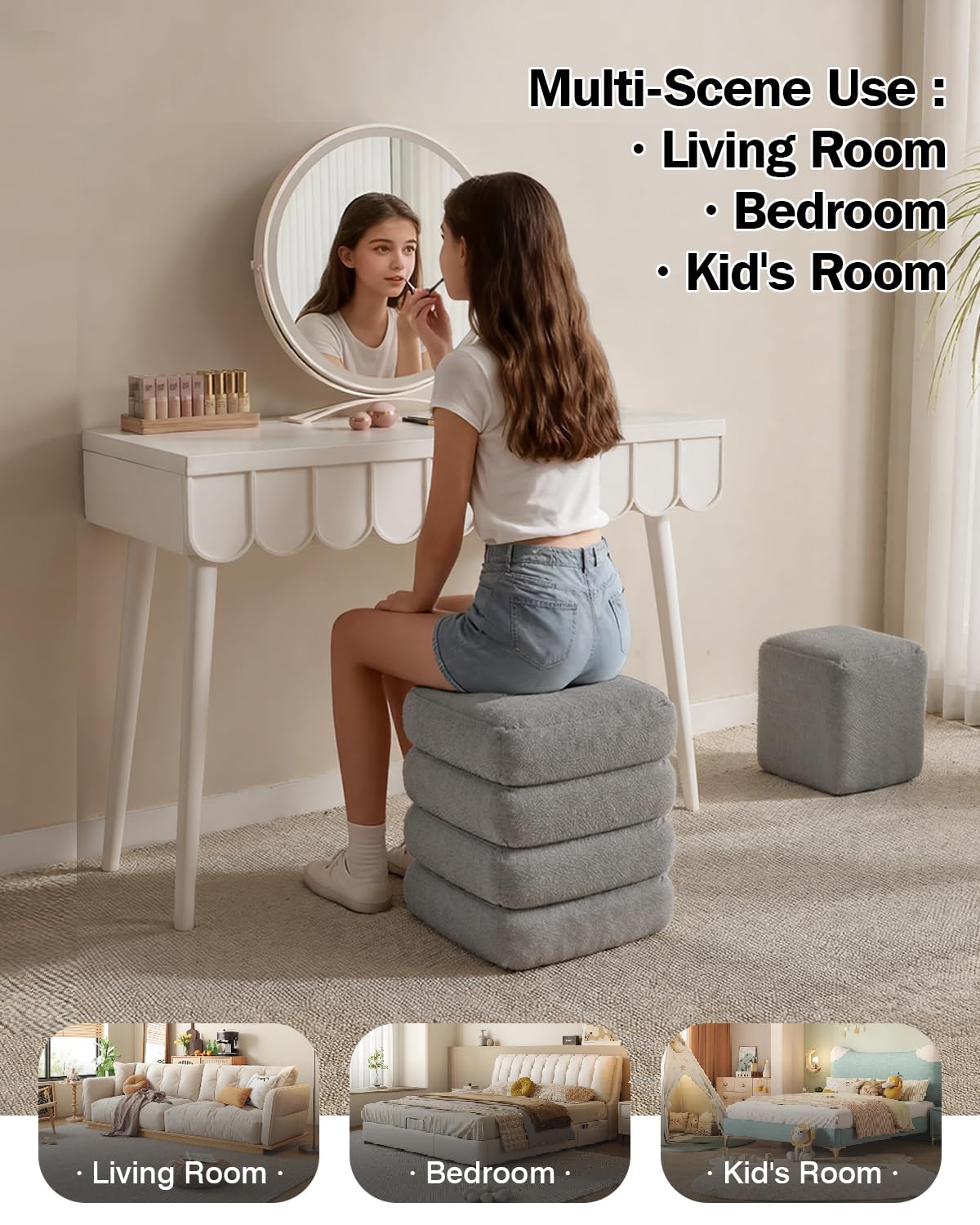 ABHENG Square Set of 2 Sherpa Storage Ottoman Stool with Removeable lid,Load up to 440 lbs Footstool, Boucle Vanity Stool for Livingroom Bedroom Gray UASND69G