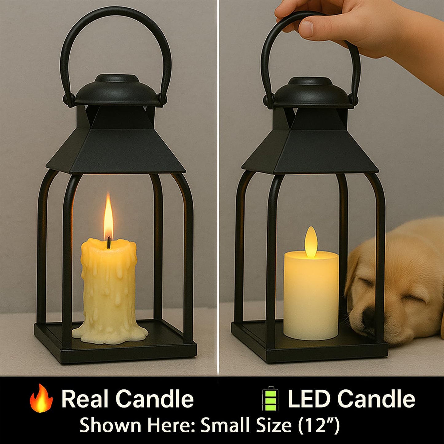 Decorative Metal Lanterns Indoor Outdoor, Candle Holder for Porch, Patio, Fireplace, Floor, Wedding, Christmas, Fall, Holiday, Farmhouse Table Centerpiece (Black, Set of 2 15.7" 12")