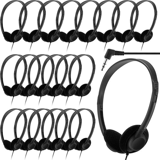 Yunsailing 20 Pack Bulk Headphones Set Over Ear Headphones with Adjustable Headband 3.5mm Plug Headsets Earphones for Learning Program, Computer Lab, Library, Testing & Multimedia Use (Black)