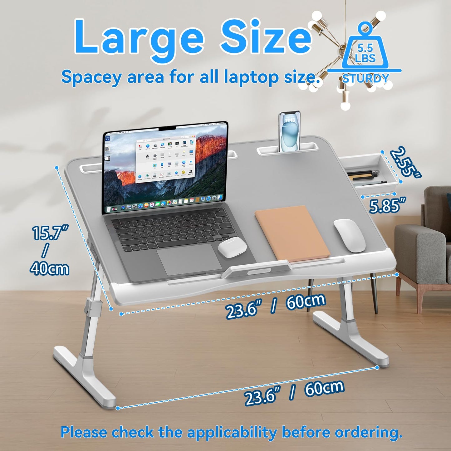 HETTHI Laptop Desk for Bed, Adjustable Bed Table with Leather Desktop, Foldable X-Large Laptop Bed Trays with Drawer for Bed Couch Floor Writing Working Reading Eating Painting (Gray, 23.6"×15.7")