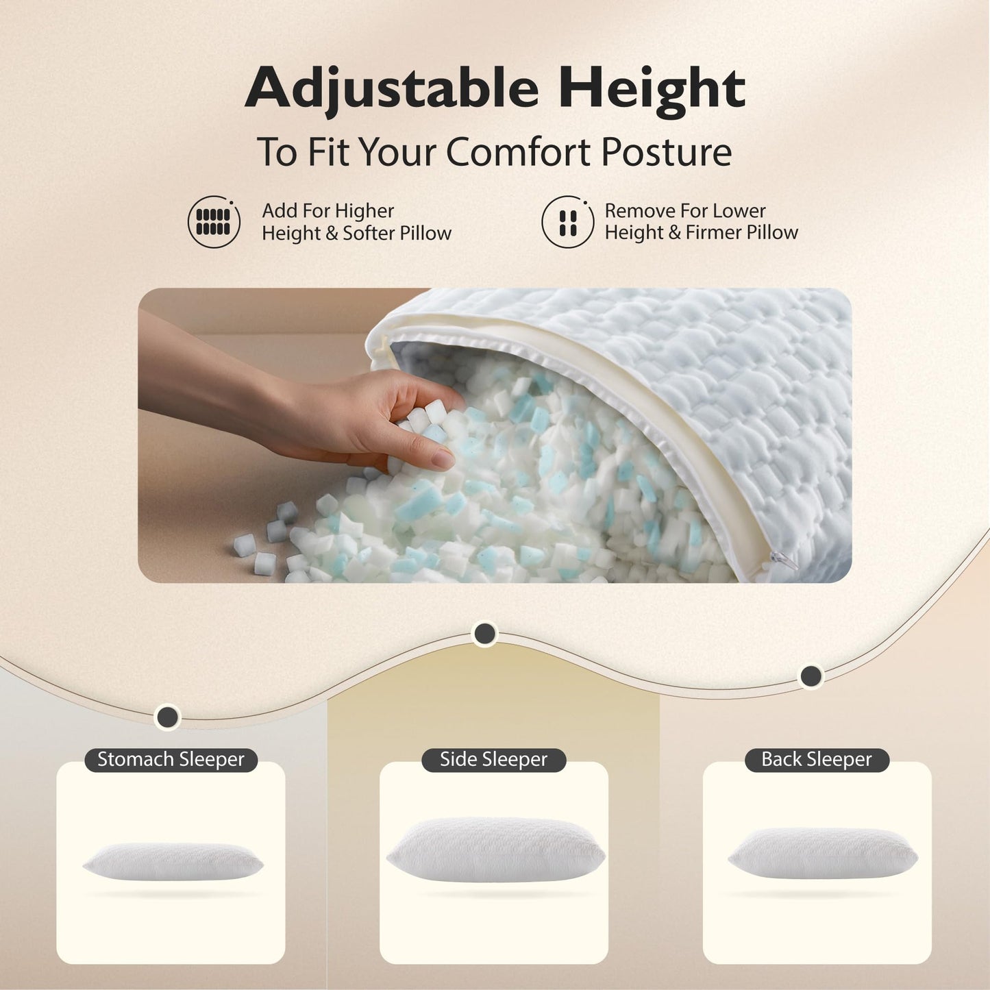 ALPHA HOME Pillows Queen Size Set of 2 - Adjustable Shredded Memory Foam Pillow for Back, Side, and Stomach Sleepers, Neck Pain Relief with Machine Washable Case