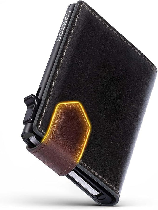 LORZOR Slim Wallet for Men with Security Latch, Pop Up Metal Card Holder Wallet, Finest Full Grain Leather Bifold Wallets, Smart, Minimalist, RFID Blocking, Front Pocket, ID Window