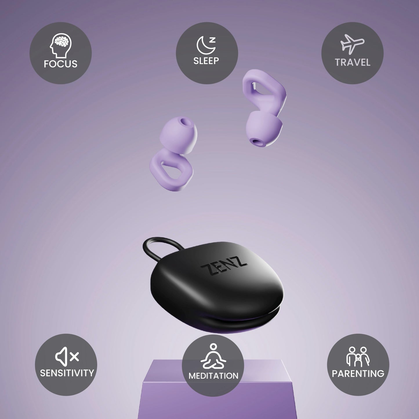 Zenz Unwind Ear Plugs for Sleeping Noise Reduction – Soft Silicone Reusable Earplugs for Sleep, Focus & Work – 28dB Noise Reduction with Storage Case – XS/S/M/L Eartips (Nebula Purple, One Size)