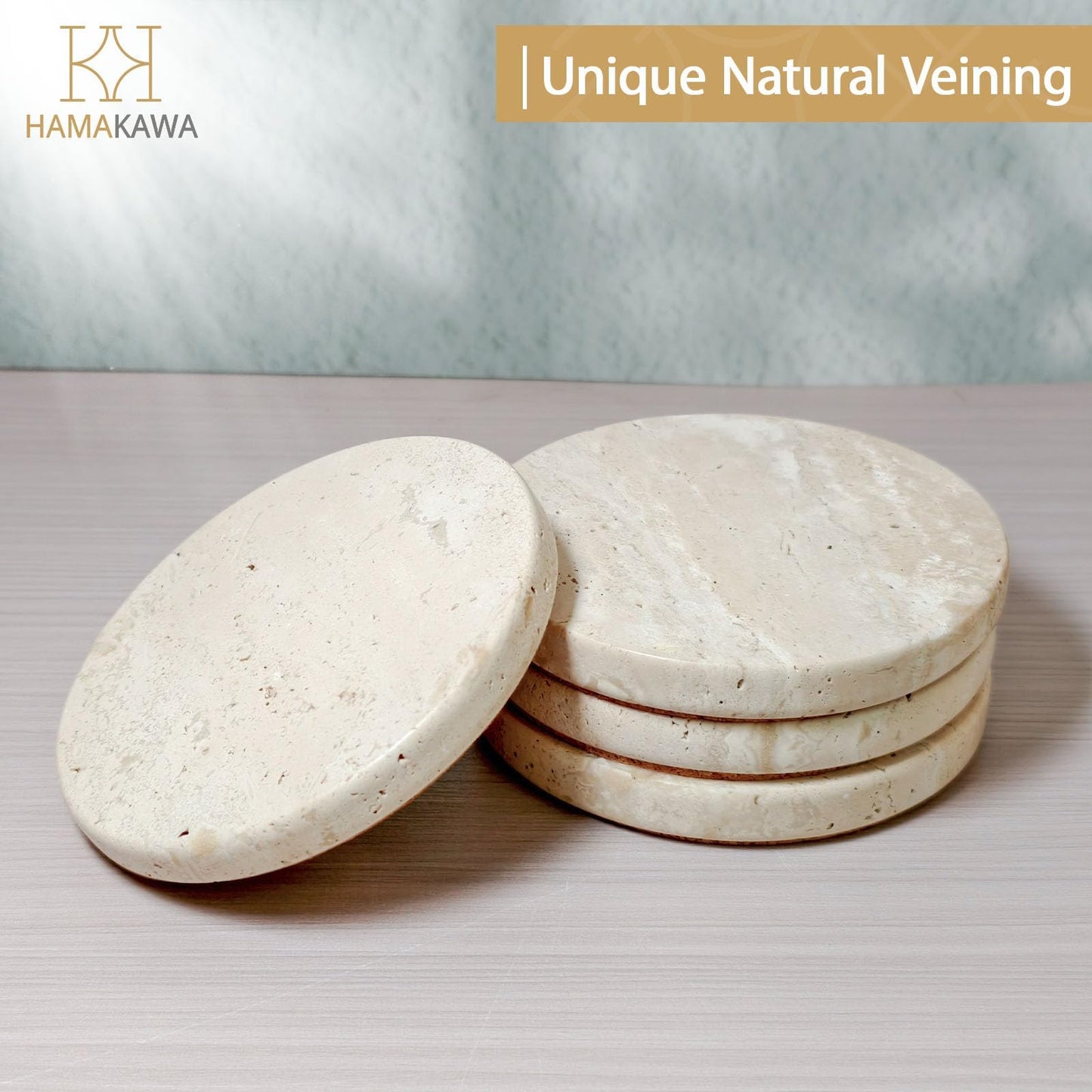 HAMAKAWA Turkish Natural Marble Coasters Set of 4, Round Travertine Coasters 4 inch, Beige Stone Drink Coaster for Home Decor, Coffee Table, Office