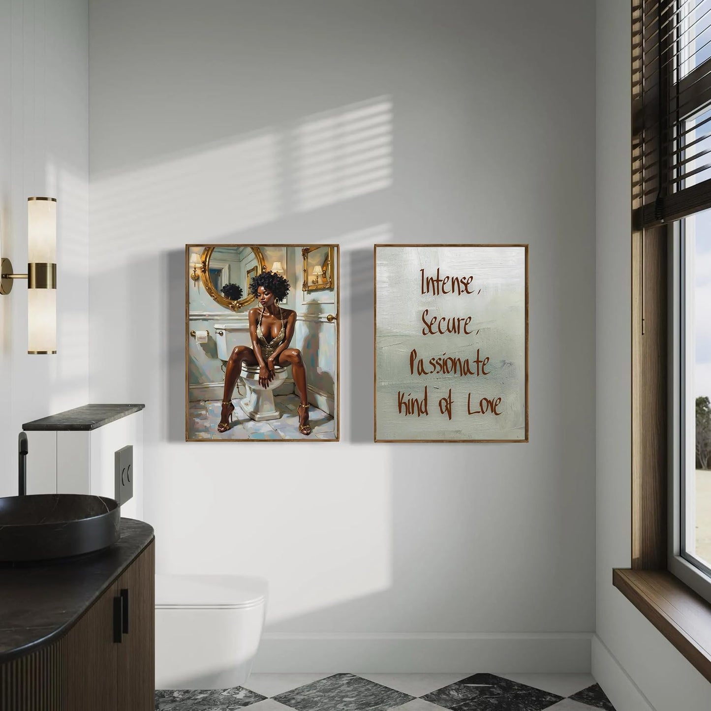 Black Girl Bathroom Wall Art Set of 2 Luxury Black Woman Poster Print Sensual African American Wall Art Afro Feamle Canvas Painting Print for Bathroom Toilet Home Decor, 16x24inch Unframed
