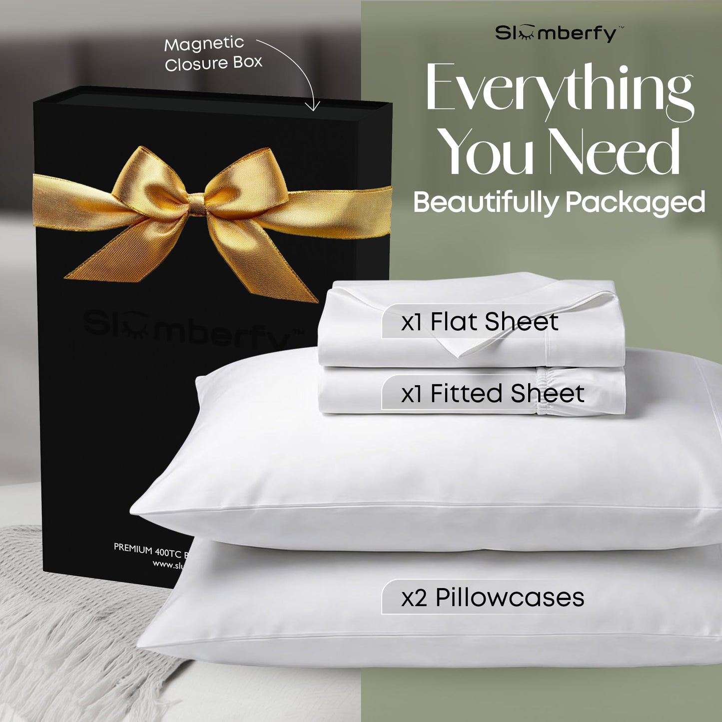 Slumberfy 4-Piece 400 TC Viscose Derived from Bamboo Sheets, Queen Size - 1 Fitted, 1 Flat, 2 Pillow Cases - Deep Pocket Cooling Viscose-Bamboo Bed Sheets in Magnetic Closure Gift Box, White