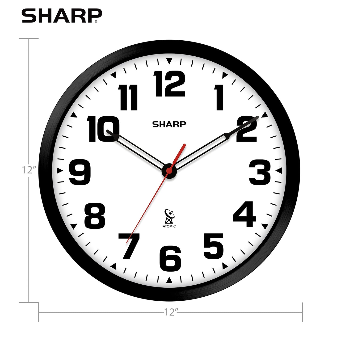 Sharp Atomic Analog Wall Clock - 12" Black Stylish Frame - Sets Automatically- Battery Operated - Easy to Read - Easy to Use – Modern Design and Style