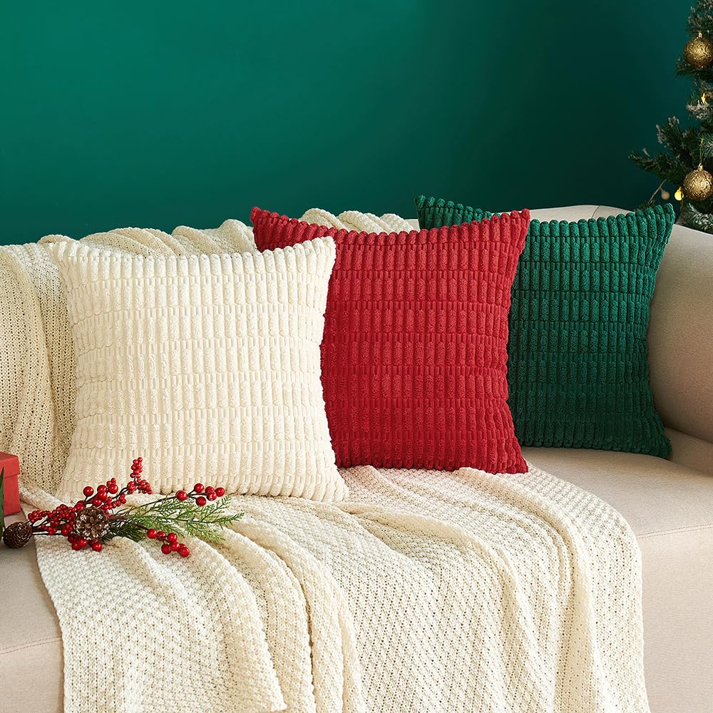 MIULEE Pack of 2 Corduroy Decorative Euro Sham Throw Pillow Covers 24x24 Inch Soft Boho Striped Pillow Covers Modern Farmhouse Home Decor for Sofa Living Room Couch Bed Cream White