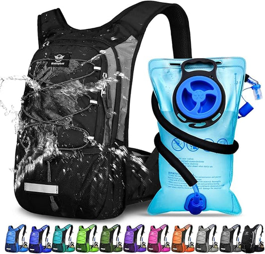 Mothybot Insulated Hydration Backpack Pack with 3L BPA Free Leak Proof Water Bladder, Large Storage Lightweight Hiking Daypack with Waist Pouches & Cooler Layer, for Running, Biking, Camping, Festival