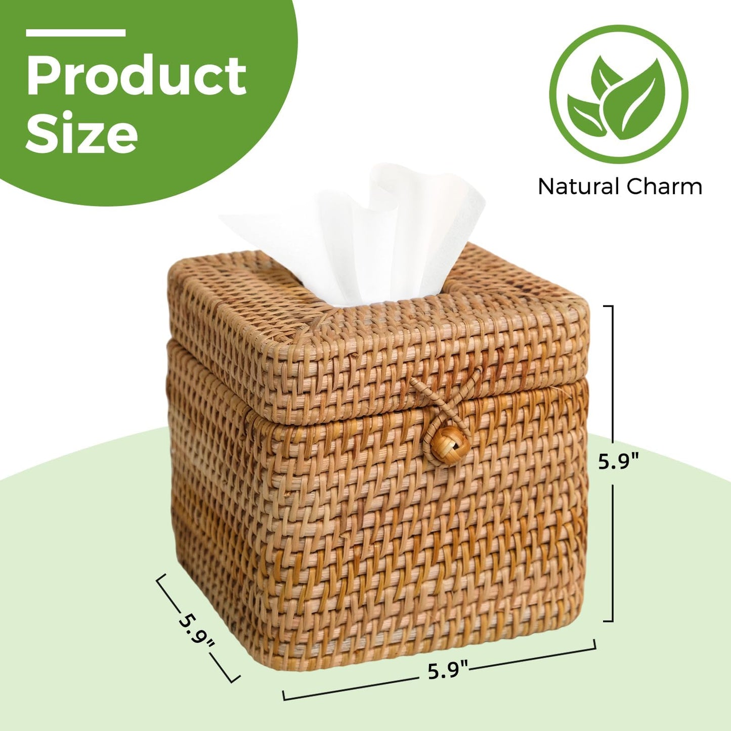 Rattan Tissue Box Cover Square, Handwoven Wicker Tissue Box Holder with Hinged Top Lid, Decorative Tissue Holders for Bathroom Living Room Kitchen Office, Natural